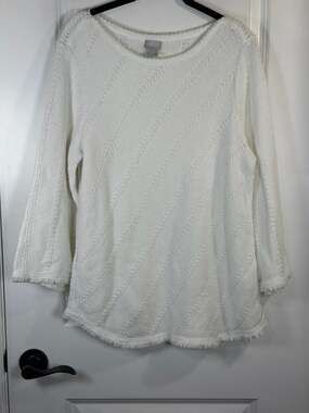 Chico's White Diagonal Textured Knit Fringe Trim Sweater Size 2 (Large)